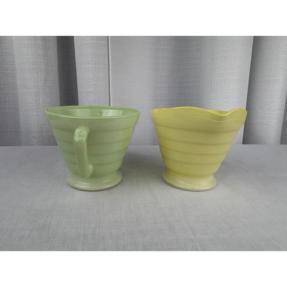 MCM Hazel Atlas Cream & Sugar Bowl Set Moderntone Pastel Platonite Yellow Green
